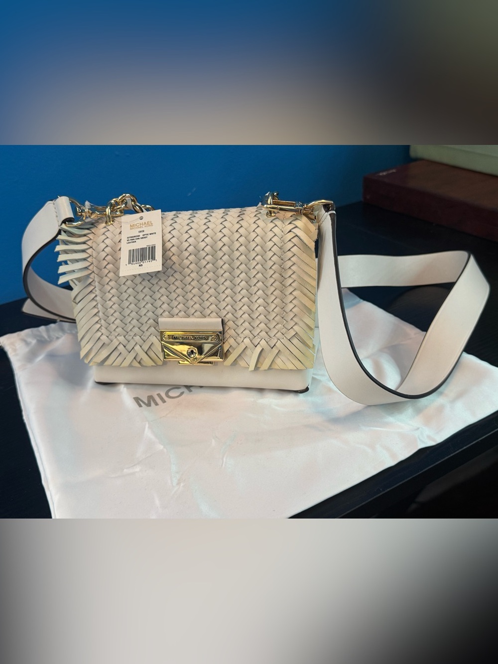 Michael Kors Cece Woven Leather Crossbody Bag White - Picture 3 of 7